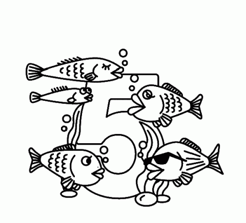 Раскраска цифра 5 с рыбами