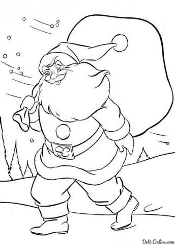 Раскраска Дед Мороз несёт большой мешок с подарками