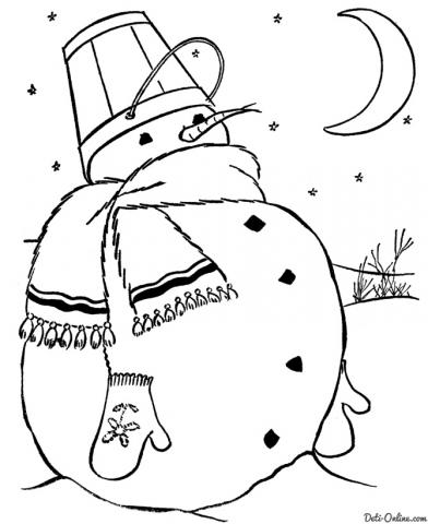 Раскраска Снеговик в теплом шарфике в лунном свете