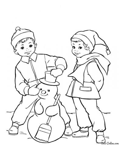 Раскраска Мальчик и девочка слепили Снеговика