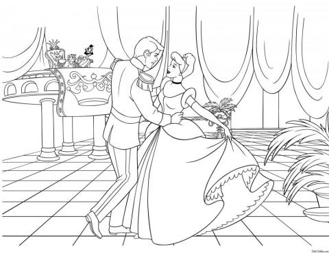 Раскраска Принцесса и принц на балу